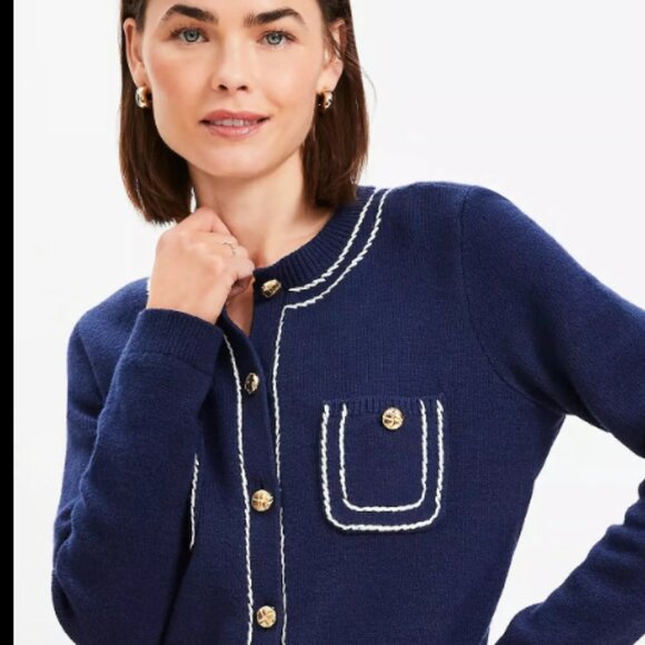 ANN TAYLOR LOFT TOPSTITCHED NAVY WHITE GOLD BUTTON SWEATER JACKET CARDIGAN XXSP - Picture 5 of 7